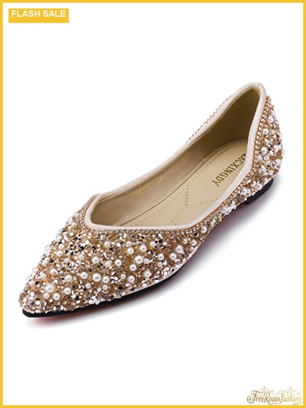 Rhinestone Pointed Toe Flats Pearl Diamond Low Heel Wedding Ballet Flats